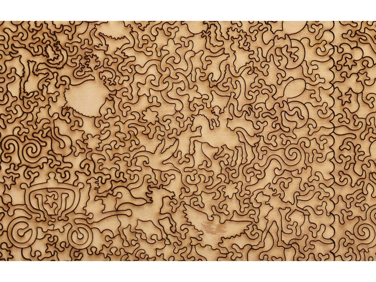 A closeup of the back of the puzzle, A Frog He Would A Wooing Go and Puss in Boots, showing the detail in the pieces.