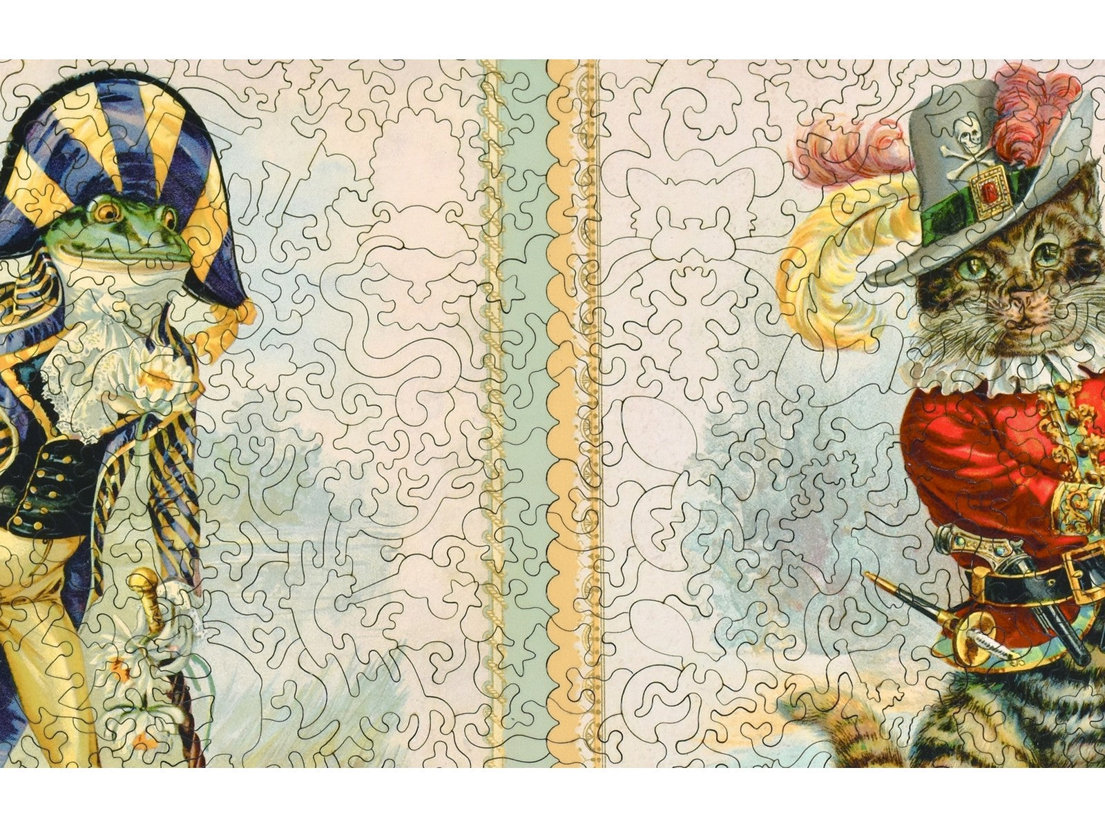 A closeup of the front of the puzzle, A Frog He Would A Wooing Go and Puss in Boots, showing the detail in the pieces.