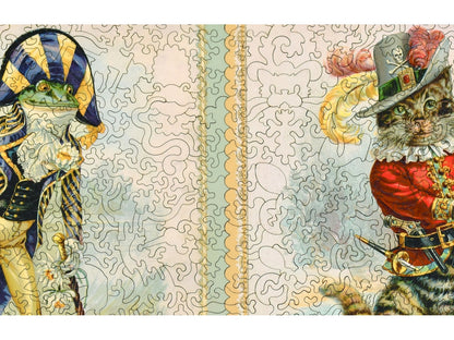 A closeup of the front of the puzzle, A Frog He Would A Wooing Go and Puss in Boots, showing the detail in the pieces.