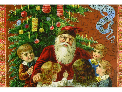 A closeup of the front of the puzzle, Woolson Spice Christmas, showing the detail in the pieces.