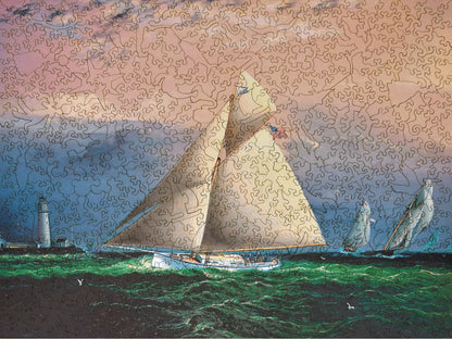 The front of the puzzle, Yacht Race Off Boston Light, showing sailboats racing.