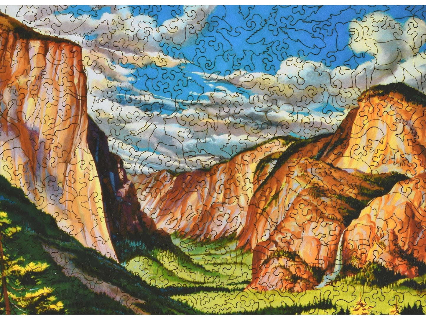 A closeup of the front of the puzzle, Yosemite United Airlines, showing the detail in the pieces.