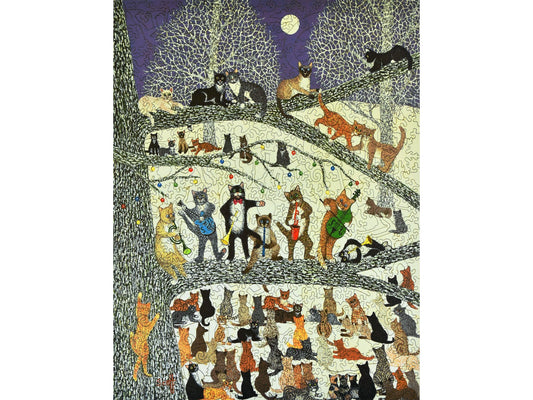 The front of the puzzle, A Resounding Success, which shows of cats in a tree, playing music.