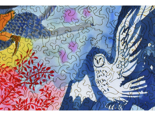 A closeup of the front of the puzzle, Across the Sun and Moon, showing the detail in the pieces.