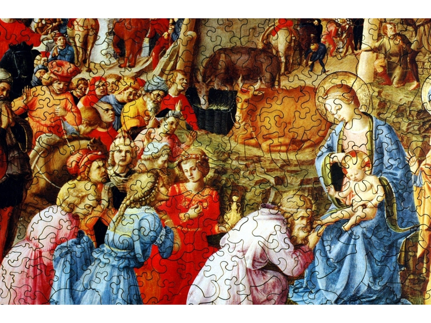 A closeup of the front of the puzzle, Adoration of the Magi.