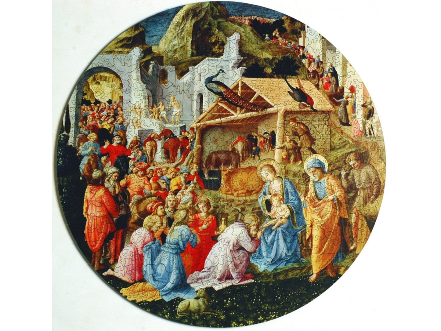 The front of the puzzle, Adoration of the Magi, which shows people waiting in line to meet Baby Jesus.