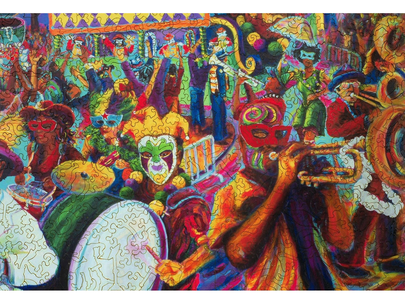A closeup of the front of the puzzle, All on a Mardi Gras Day.