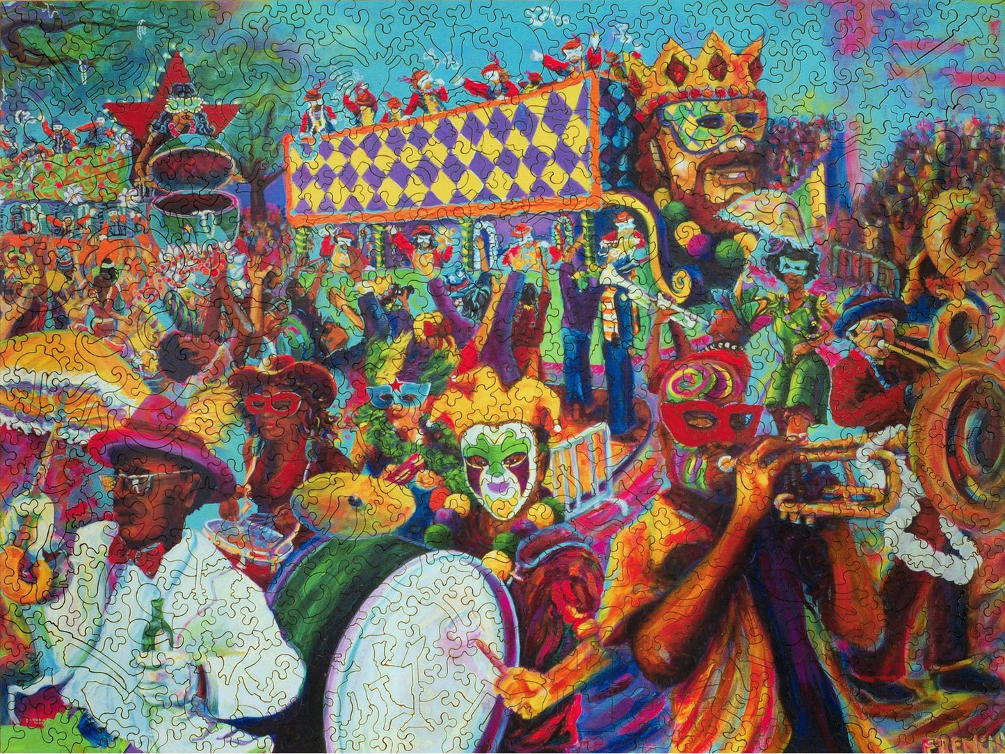 The front of the puzzle, All on a Mardi Gras Day, which shows a colorful parade with musicians.