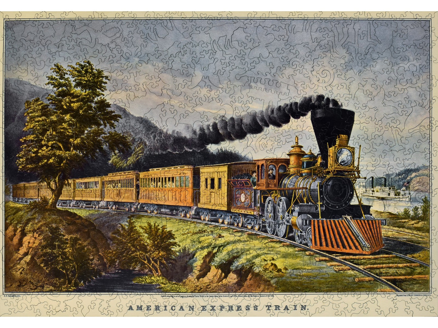The front of the puzzle, American Express Train, which shows an old train traveling down tracks.