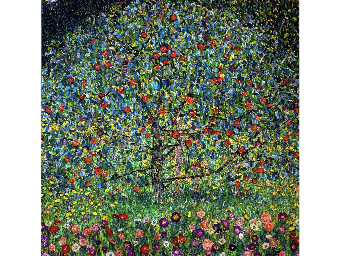 The front of the puzzle, Apple Tree, an impressionist style painting of an apple tree, with multi colored flowers in the foreground. 