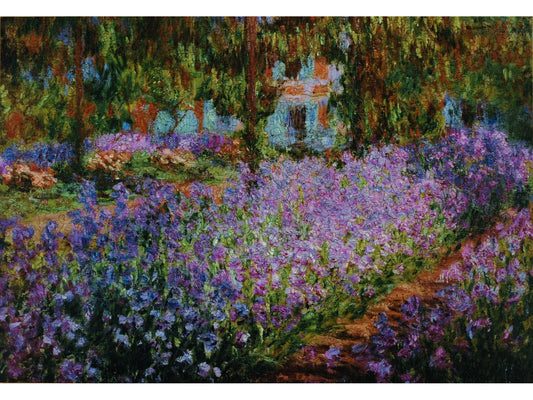 The front of the puzzle, Artist's Garden at Giverny, which shows a impressionist style painting of a garden full of purple flowers.