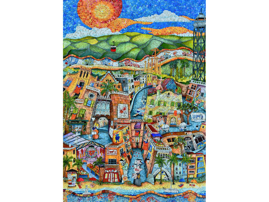 The front of the puzzle, Barcelona, showing a colorful depiction of the city.