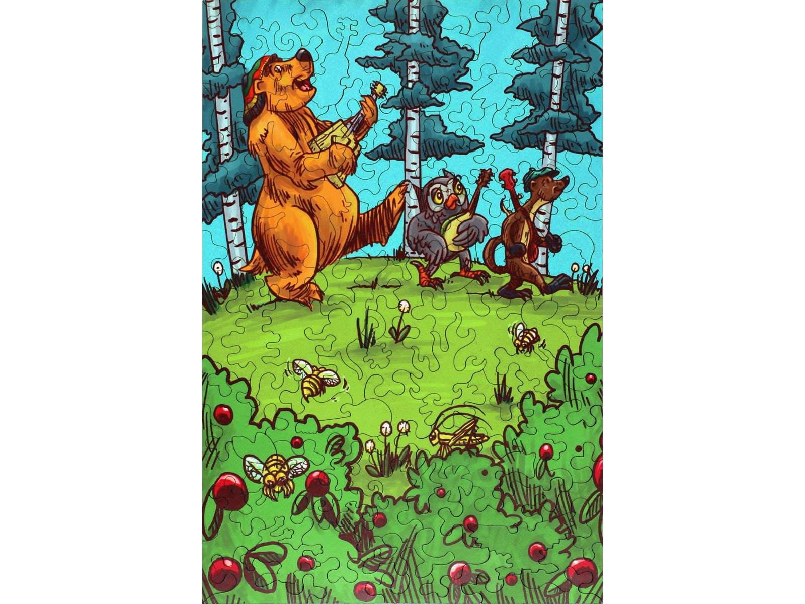 The front of the puzzle, Barry's Band, which shows a cartoon drawing of a bear, an owl, and a weasel playing musical instruments.