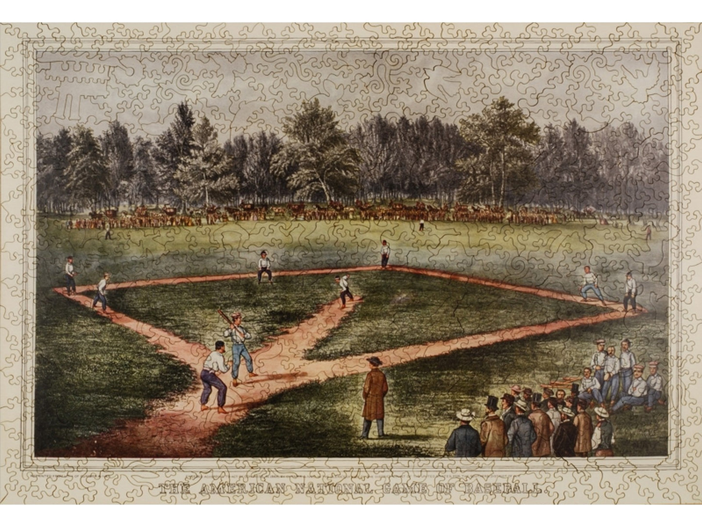 The front of the puzzle, The American National Game of Baseball, which shows a group of people playing baseball.