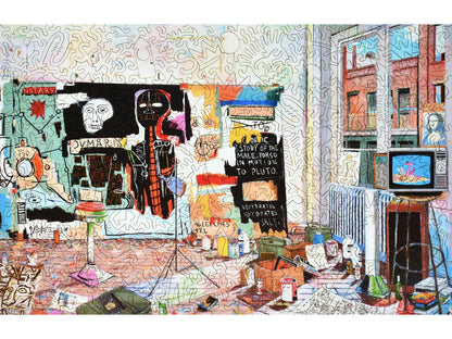 The front of the puzzle, Basquiat's Studio, which shows an artist's studio space with art supplies.