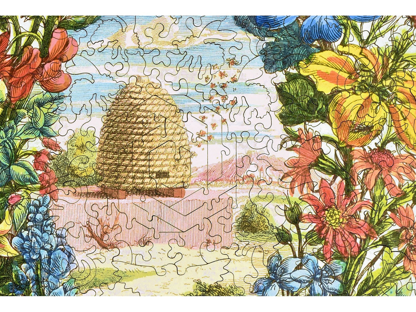 A closeup of the front of the puzzle, Beehive, showing the detail in the pieces.
