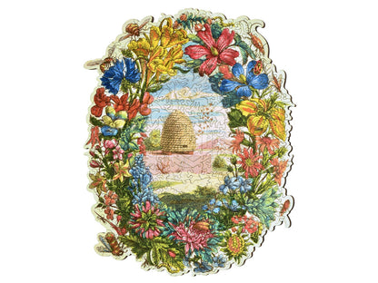 The front of the puzzle, Beehive, which shows a beehive surrounded by a wreath of flowers.