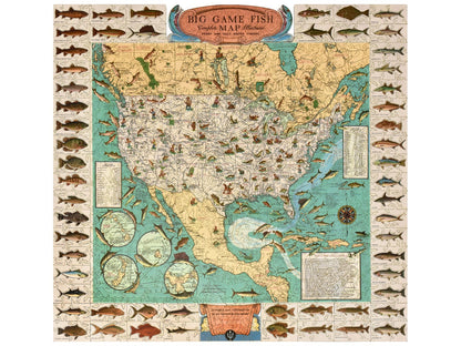 The front of the puzzle, Big Game Fish Map, with a map of the United States and where species of fish can be found.