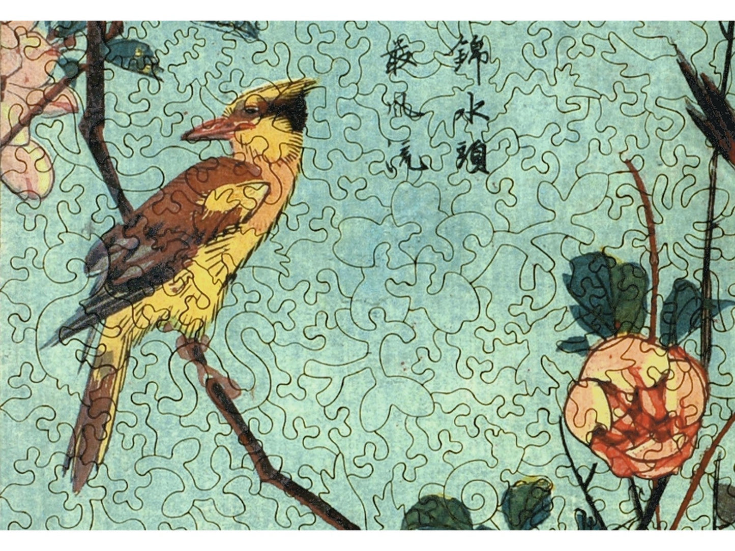 A closeup of the front of the puzzle, Birds and Camellia Bushes in Flower.