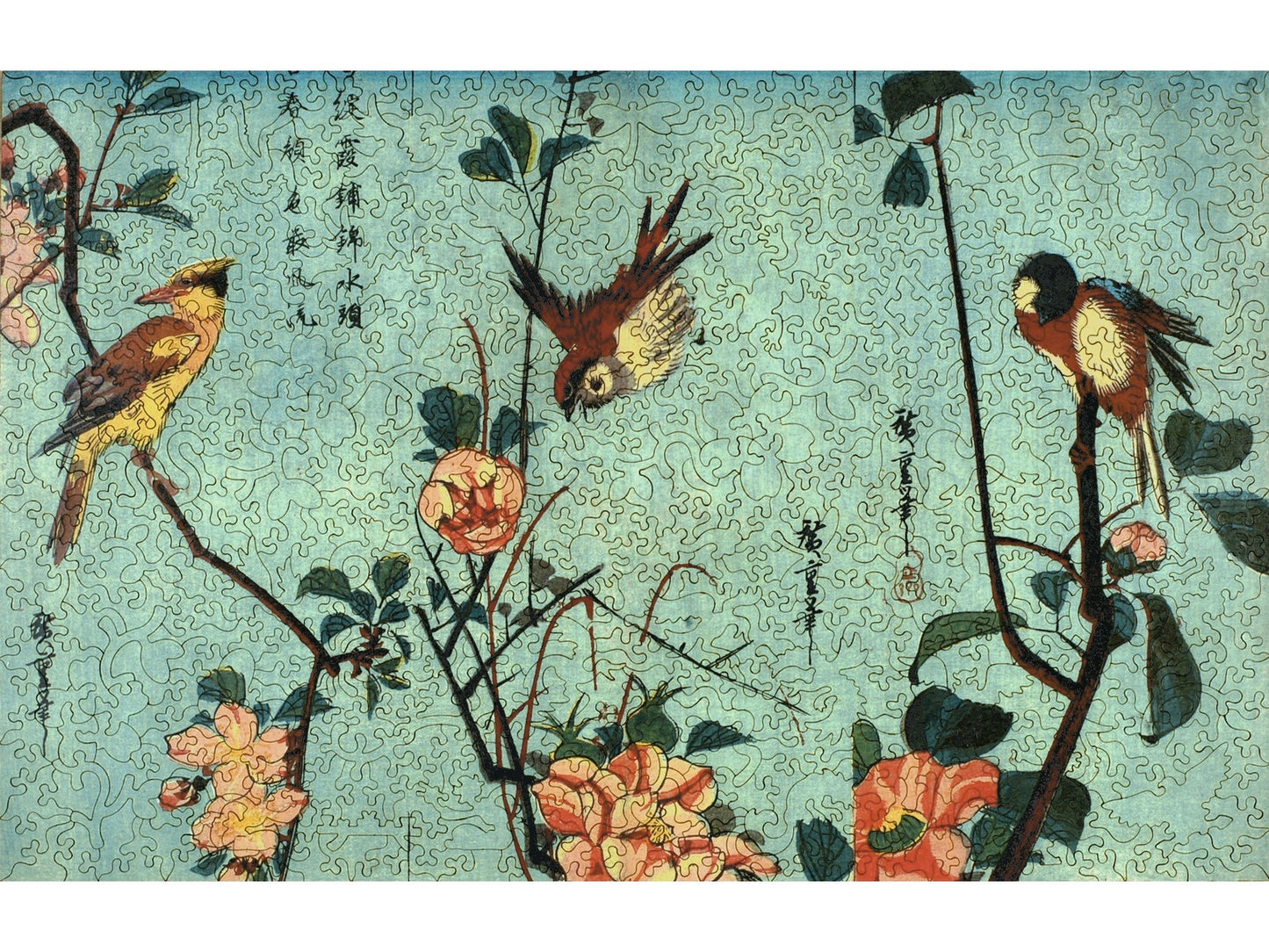 The front of the puzzle, Birds and Camellia Bushes in Flower, which shows a Japanese style woodblock print of three birds on flower branches. 