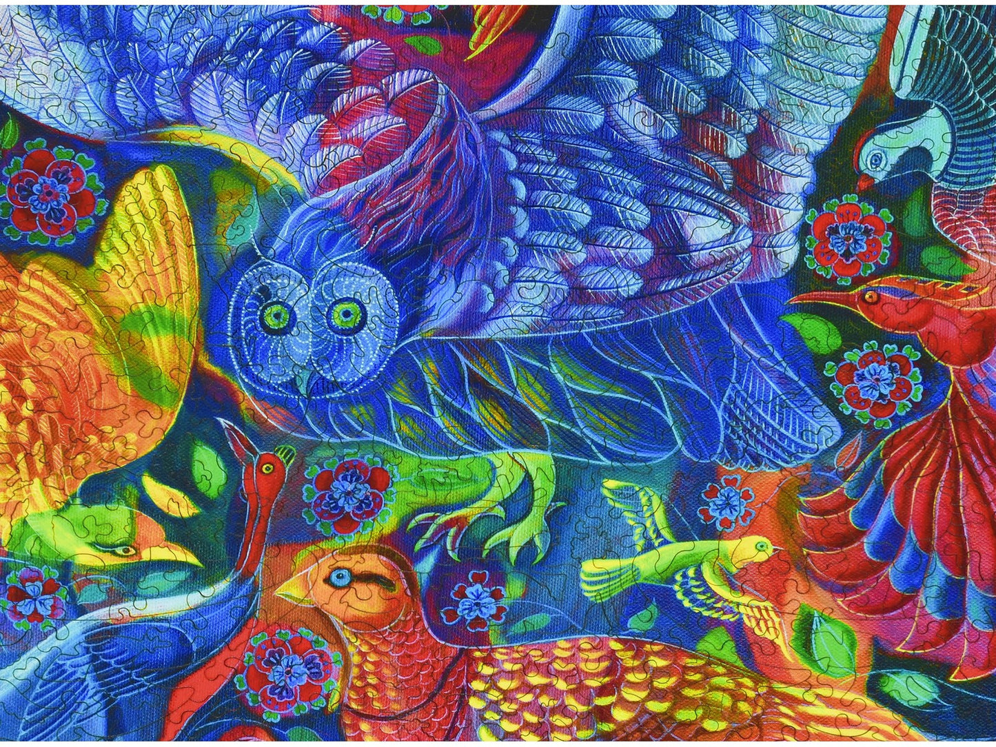 A closeup of the front of the puzzle, Birds, showing the detail in the pieces.