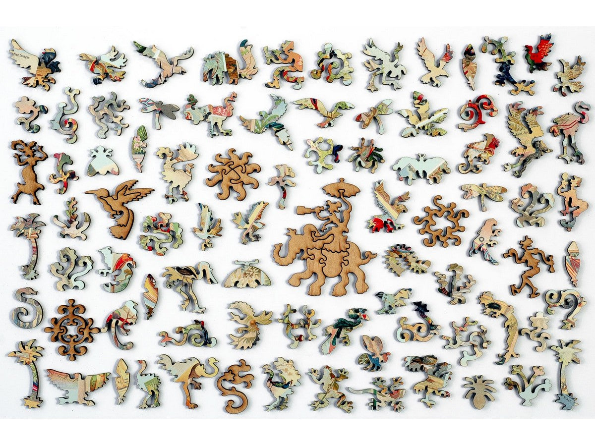 The whimsy pieces that can be found in the puzzle, Birds of the Tropics.