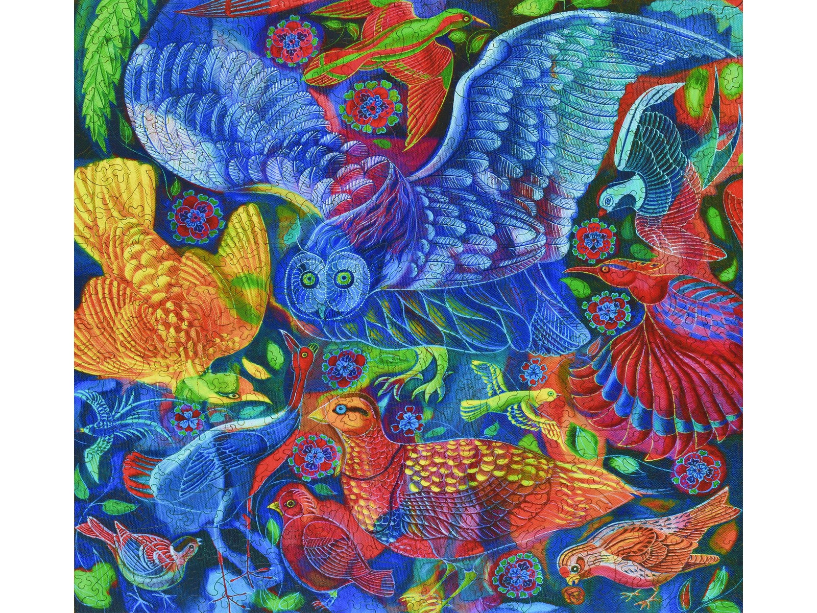 The front of the puzzle, Birds, which shows a drawing of many  brightly colored birds.
