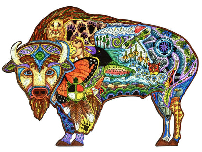 The front of the puzzle, Bison, which shows various colorful animals and plants within the shape of a bison.