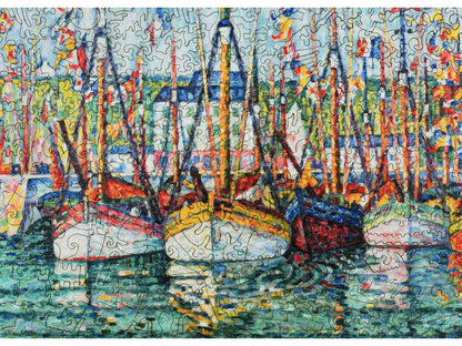 A closeup of the front of the puzzle, Blessing of the Tuna Fleet at Groix, showing the detail in the pieces.