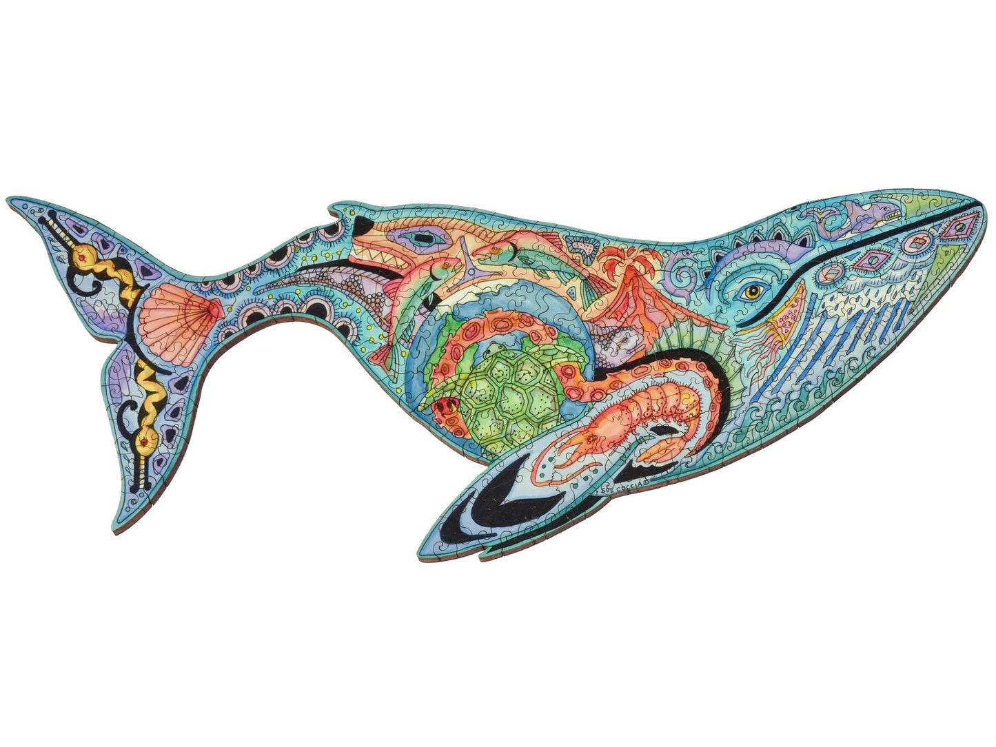 The front of the puzzle, Blue Whale, which shows various sea creatures in the shape of a whale.