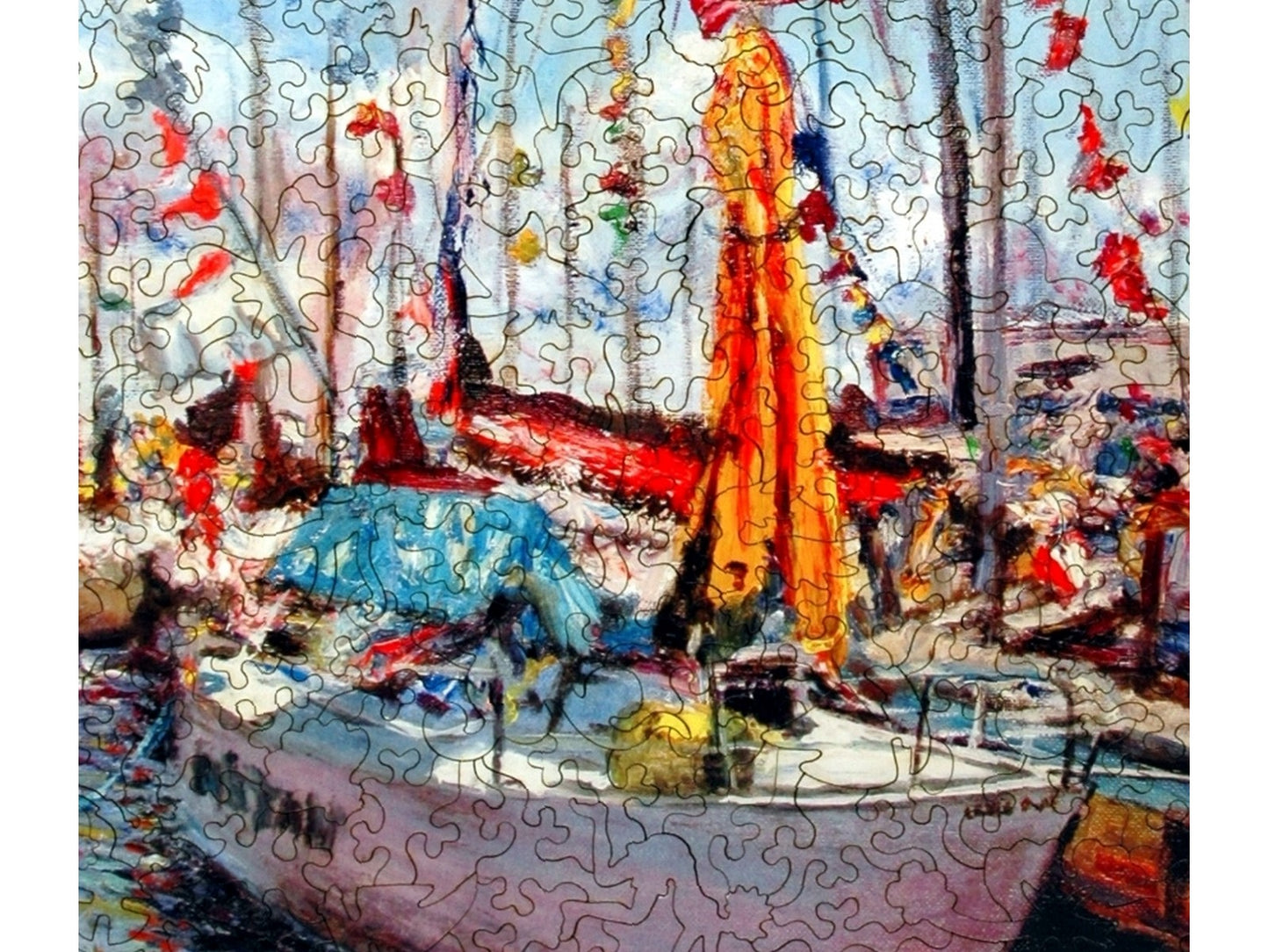 A closeup of the front of the puzzle, Boats by Lindsey.