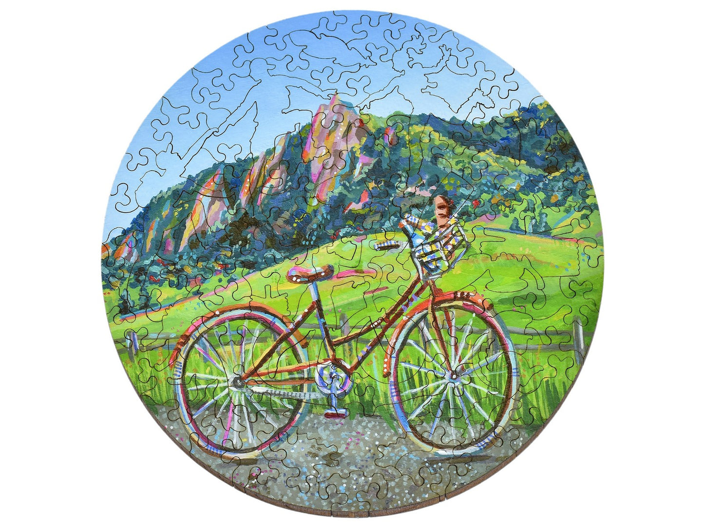 The front of the puzzle, Boulder picnic, which shows a bike in a mountain park.