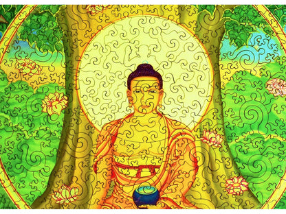 A closeup of the front of the puzzle, Buddha.