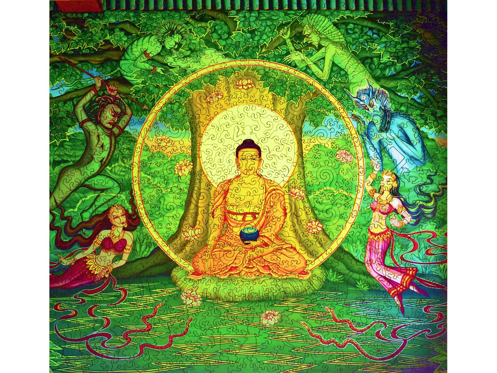 The front of the puzzle, Buddha, which shows the Buddha meditating under a tree.