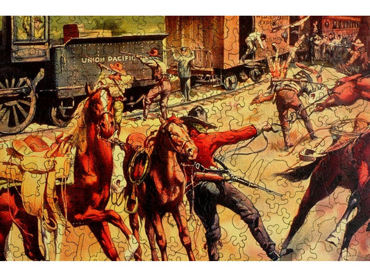 A closeup of the front of the puzzle, Buffalo Bill: The Great Train Holdup.