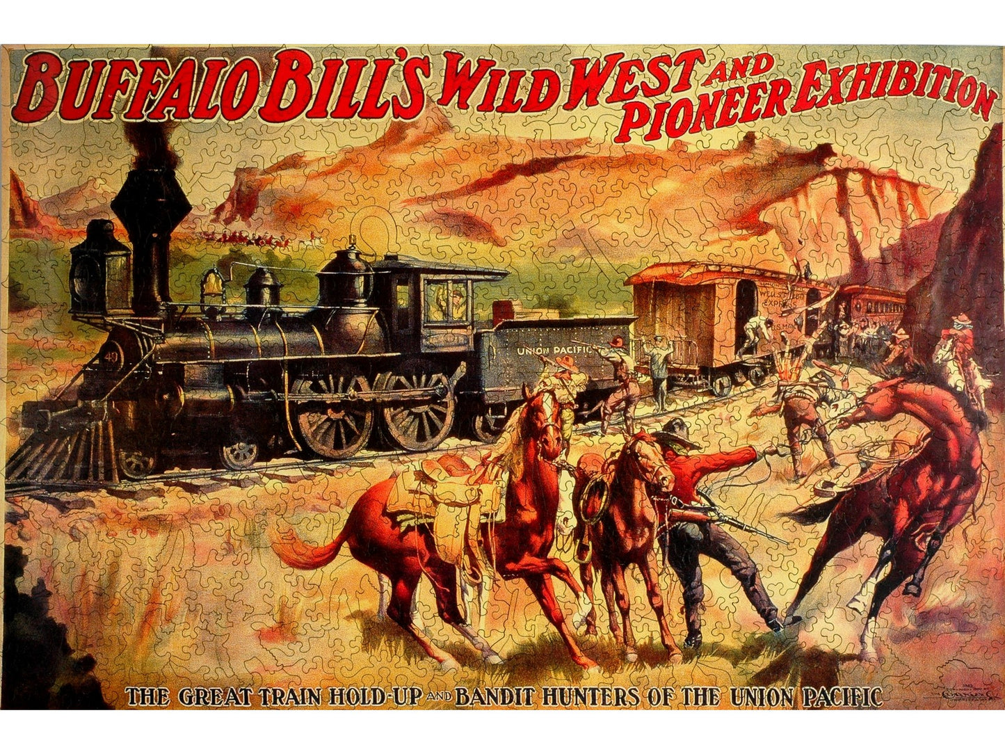 The front of the puzzle, Buffalo Bill: The Great Train Holdup, which shows a train being robbed by bandits.