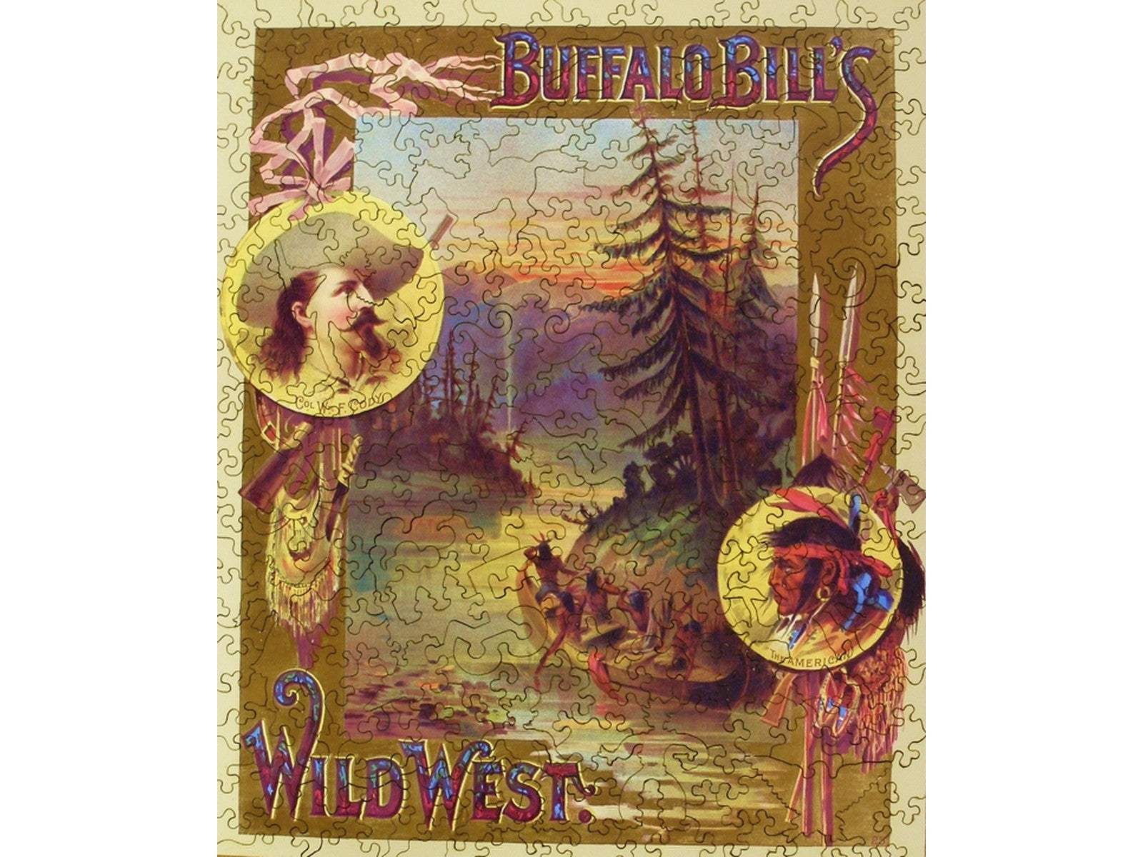 The front of the puzzle, Buffalo Bill's Wild West, which shows people in a boat on a river.