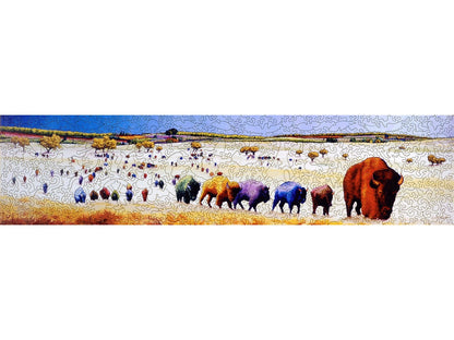 The front of the puzzle, Buffalo Skittles, which shows a prairie landscape scene of a herd of multi-colored bison.