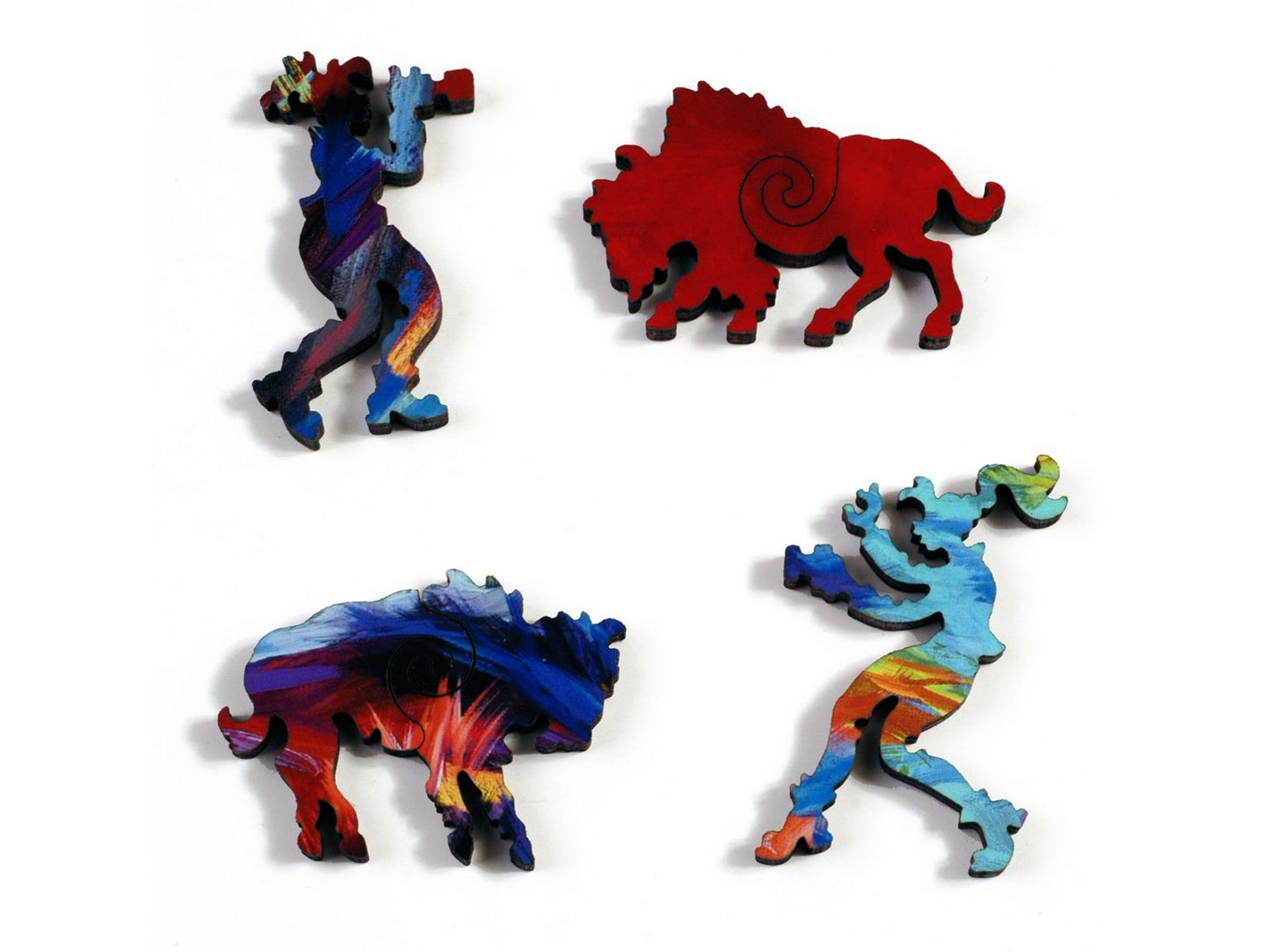 A closeup of pieces in the shapes of two people and two bison.