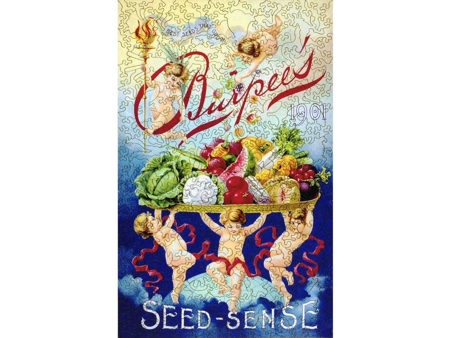 The front of the puzzle, Burpee's Seed Packet, showing three cherubs holding a large tray full of vegetables and fruit. 
