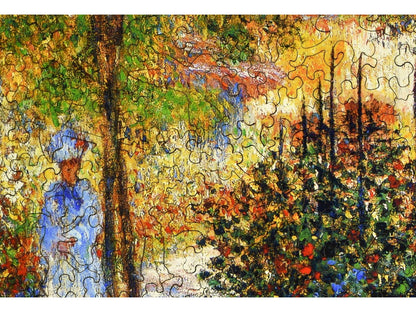 A closeup of the front of the puzzle, Camille Monet in the Garden.