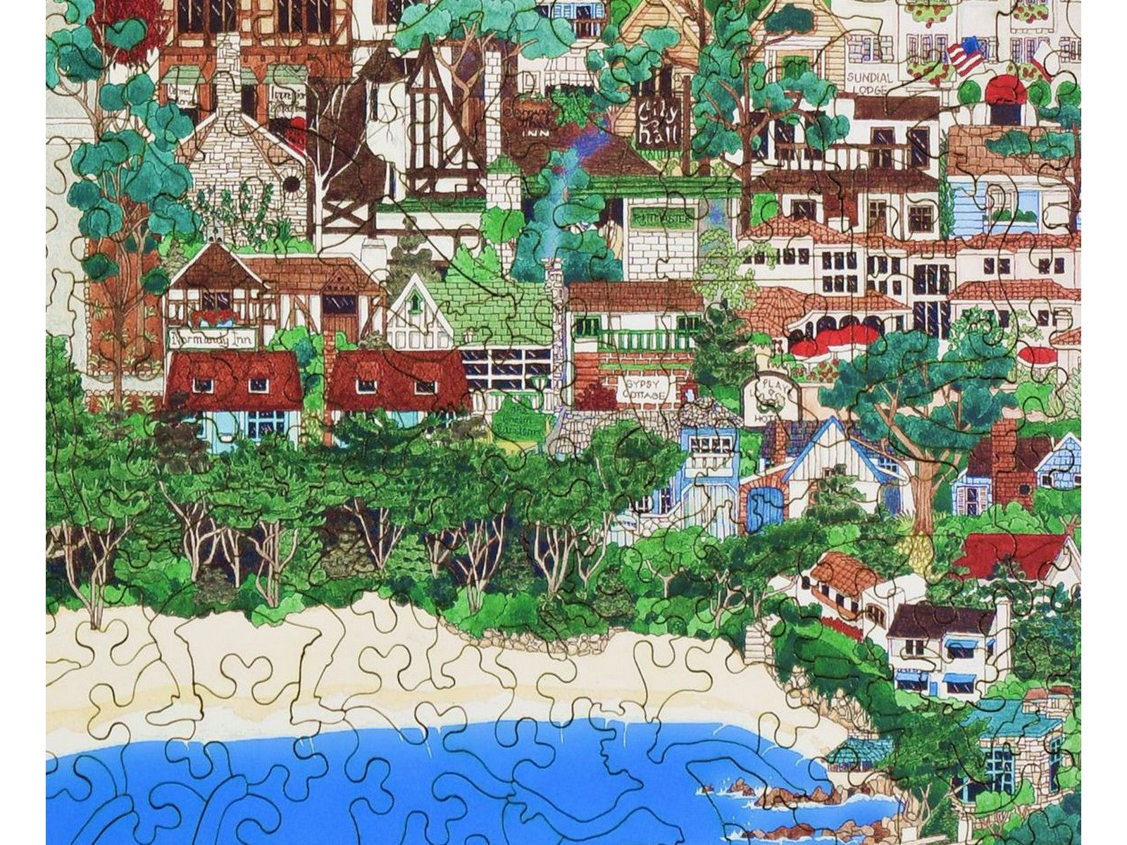 A closeup of the front of the puzzle, Carmel by the Sea, showing the detail in the pieces.