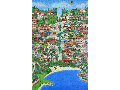 The front of the puzzle, Carmel by the Sea, which shows a seaside city.
