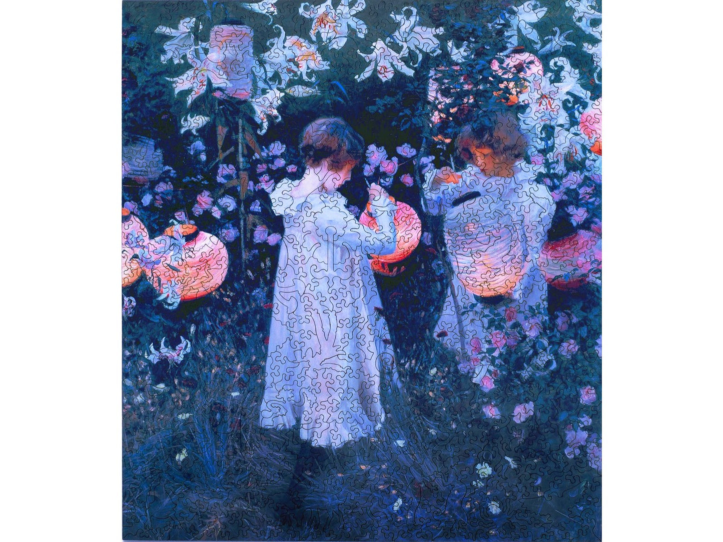 The front of the puzzle, Carnation, Lily, Lily, Rose, which shows two young girls in a garden holding lanterns.