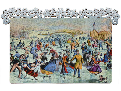 The front of the puzzle, Central Park, Winter, which shows many people ice skating.