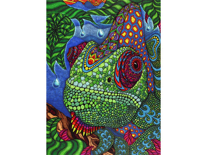 The front of the puzzle, Chameleon, which shows a patterned drawing of a Chameleon surrounded by leaves.
