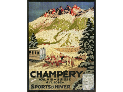 The front of the puzzle, Champery, Valais-Suisse, showing a winter mountain landscape and people preparing to ski.