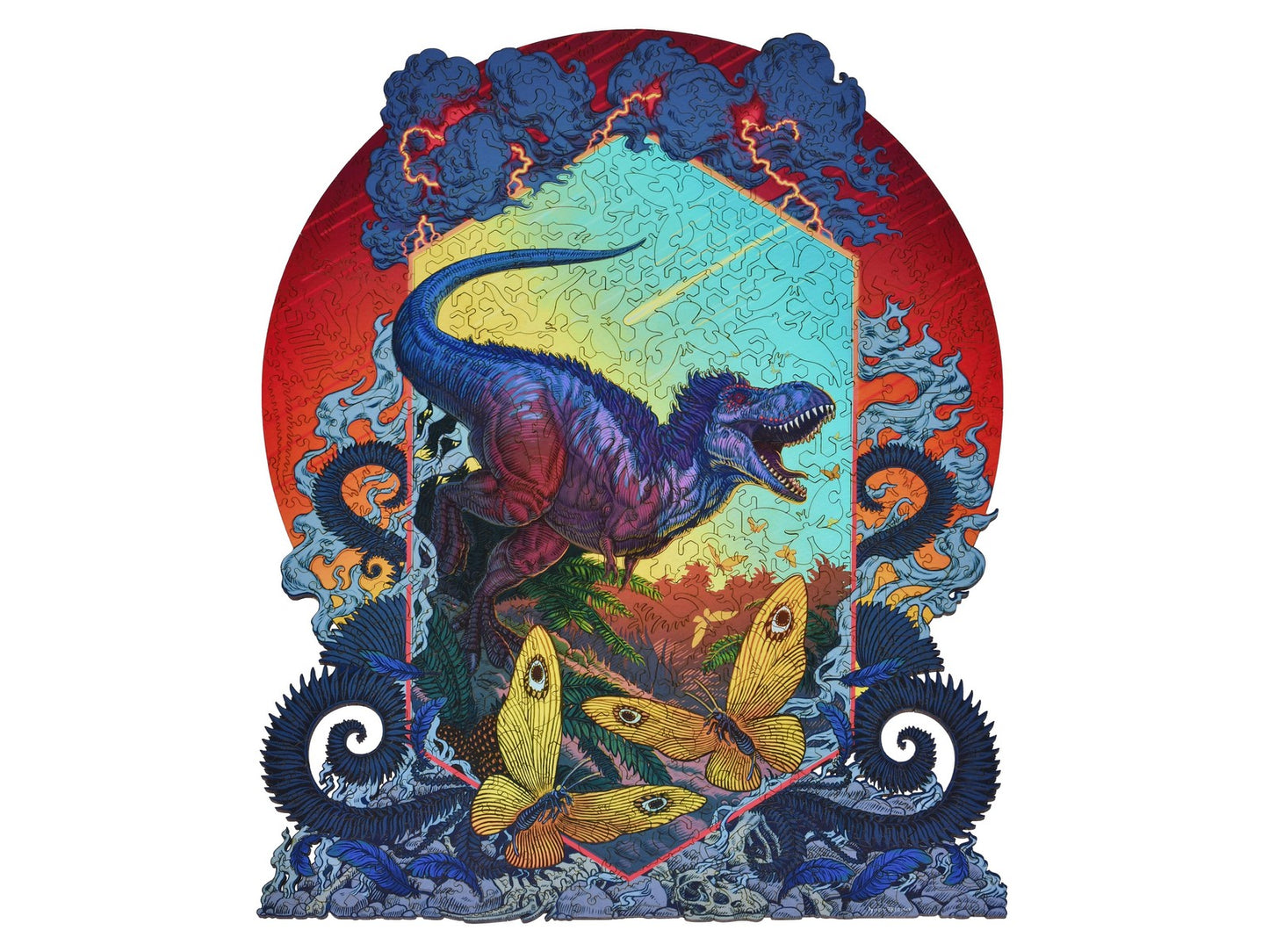 The front of the puzzle, Chasing Butterflies 66 Mya, showing a Tyrannosaurus Rex with an asteroid falling in the background.