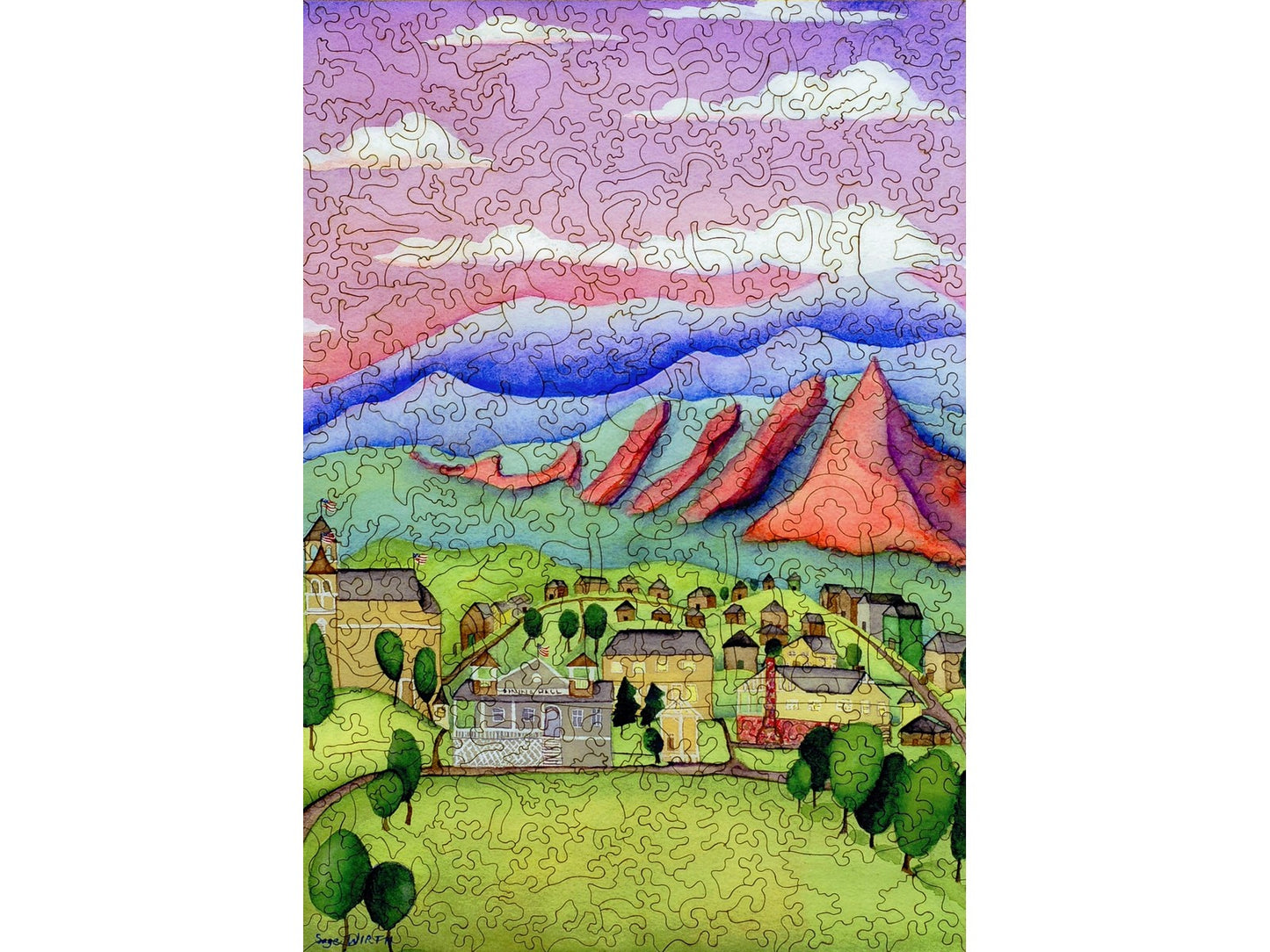 The front of the puzzle, Chautauqua Park, which shows a watercolor landscape of a park with mountains behind it and a pink sky with clouds.