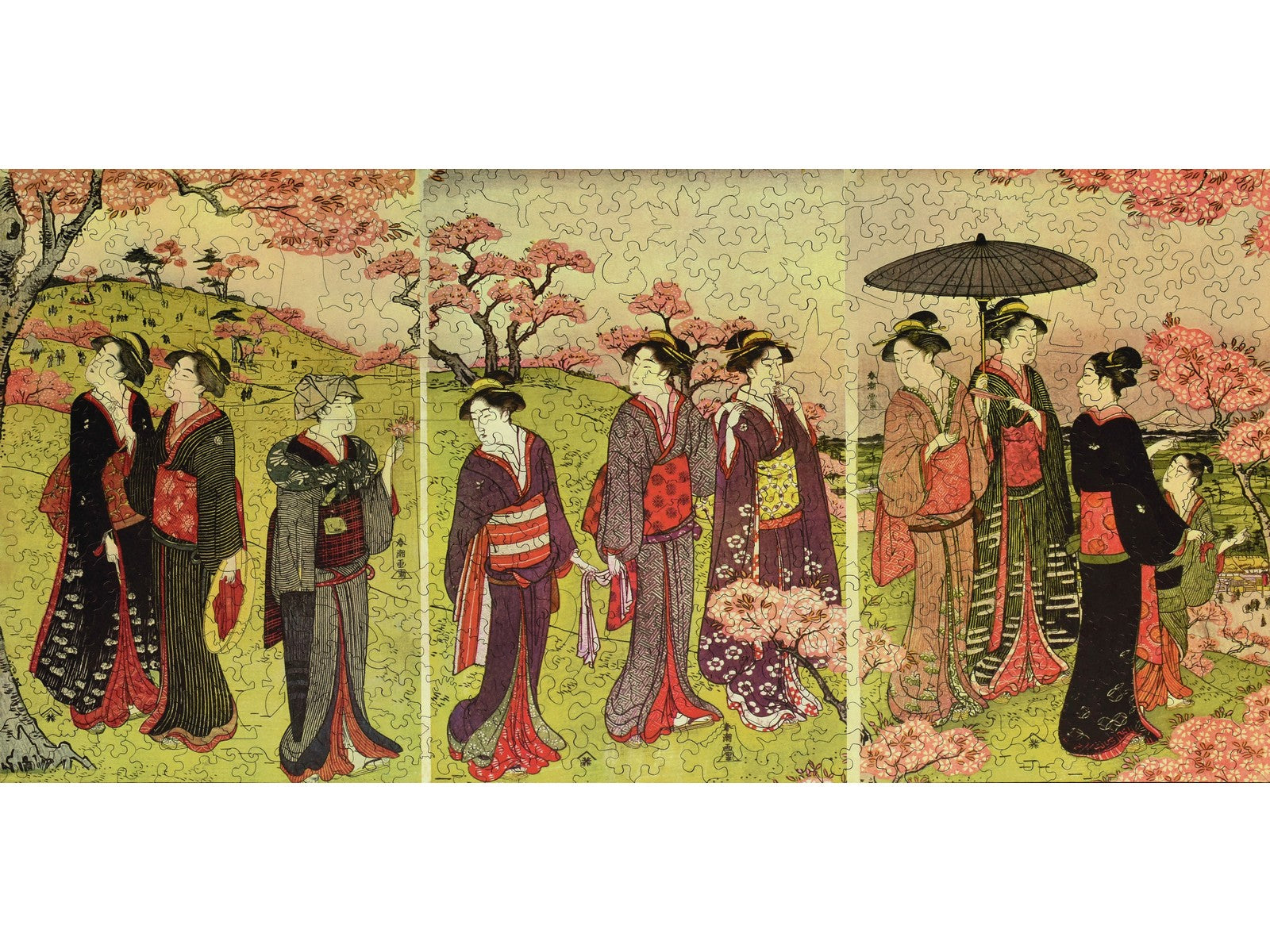 The front of the puzzle, Cherry Blossom Viewing, which shows a Japanese print of people looking at flowering trees.